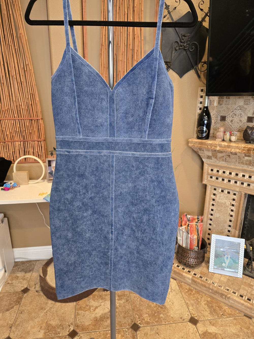 Denim-Effect Blue Spaghetti Strap Mini Dress